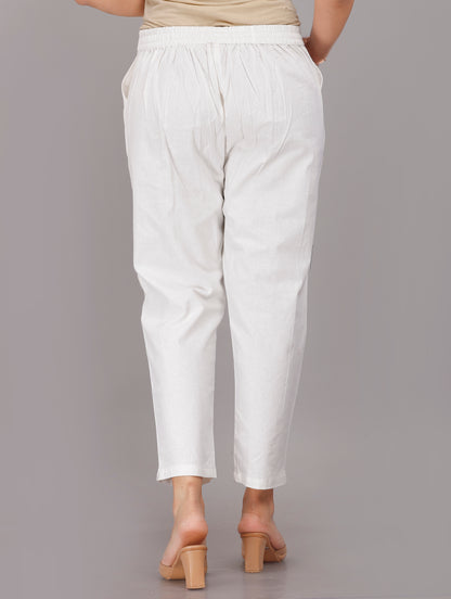 Women Regular Fit White Pure Cotton Trousers