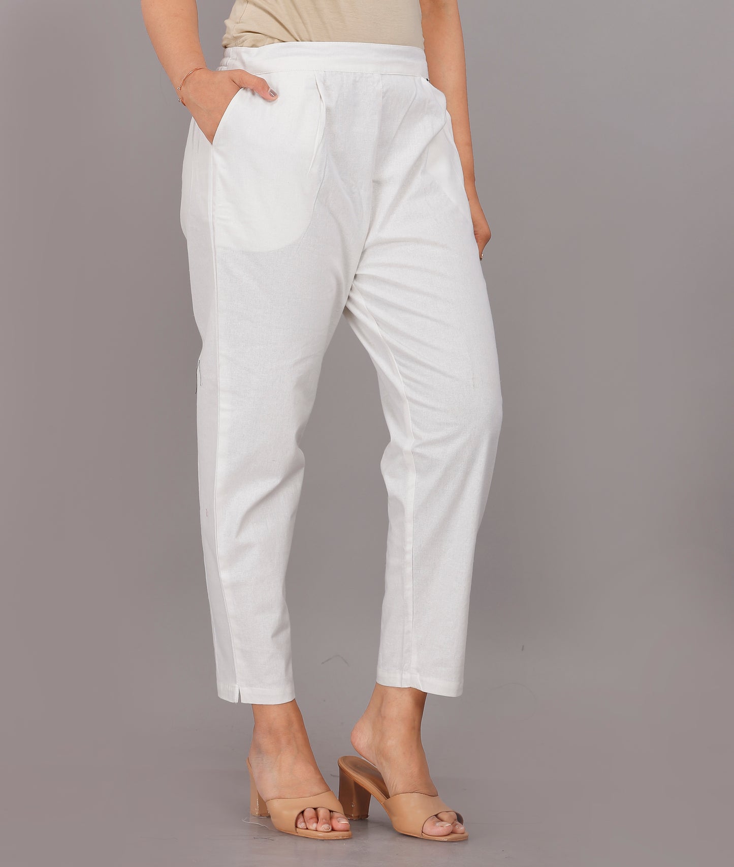 Women Regular Fit White Pure Cotton Trousers