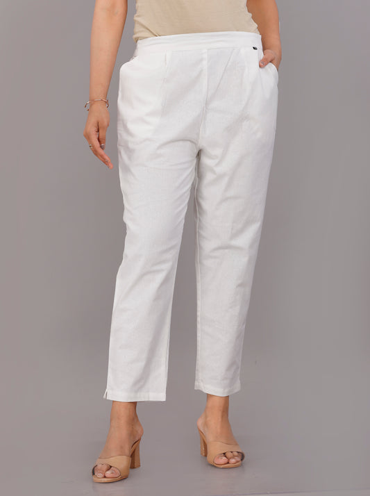 Women Regular Fit White Pure Cotton Trousers