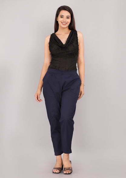Women Regular Fit Dark Blue Pure Cotton Trousers
