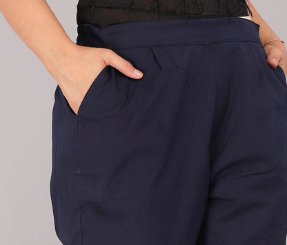Women Regular Fit Dark Blue Pure Cotton Trousers
