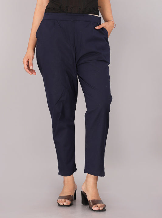 Women Regular Fit Dark Blue Pure Cotton Trousers