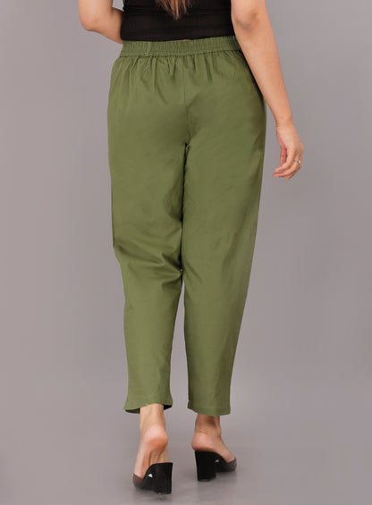 Women Regular Fit Dark Green Pure Cotton Trousers