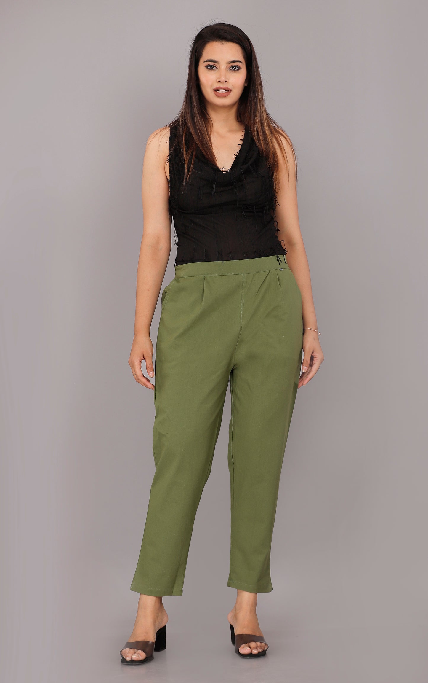 Women Regular Fit Dark Green Pure Cotton Trousers