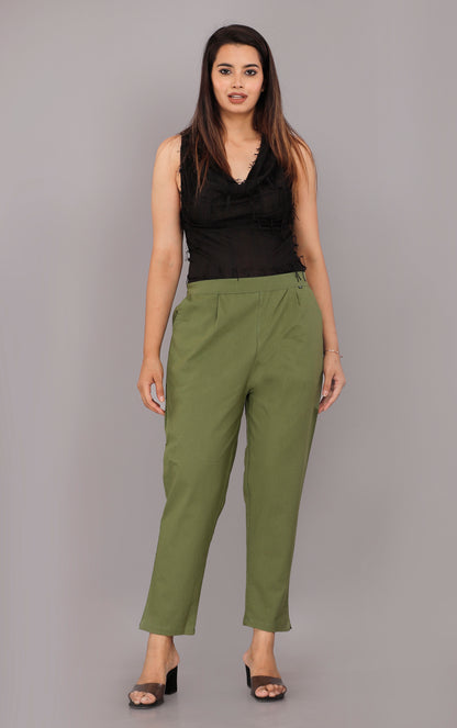 Women Regular Fit Dark Green Pure Cotton Trousers