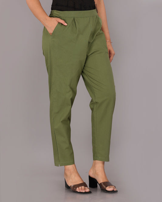 Women Regular Fit Dark Green Pure Cotton Trousers