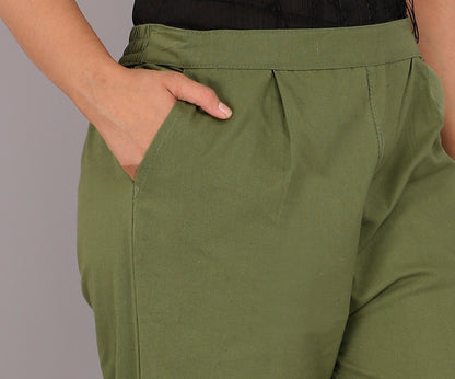 Women Regular Fit Dark Green Pure Cotton Trousers