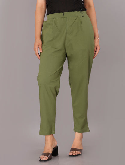 Women Regular Fit Dark Green Pure Cotton Trousers