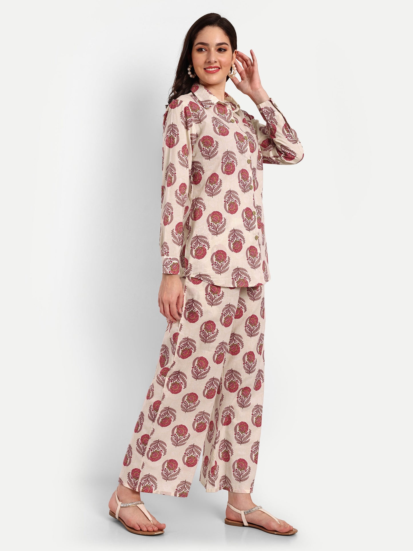 Off White Shirt Style Pure Cotton Coord Set