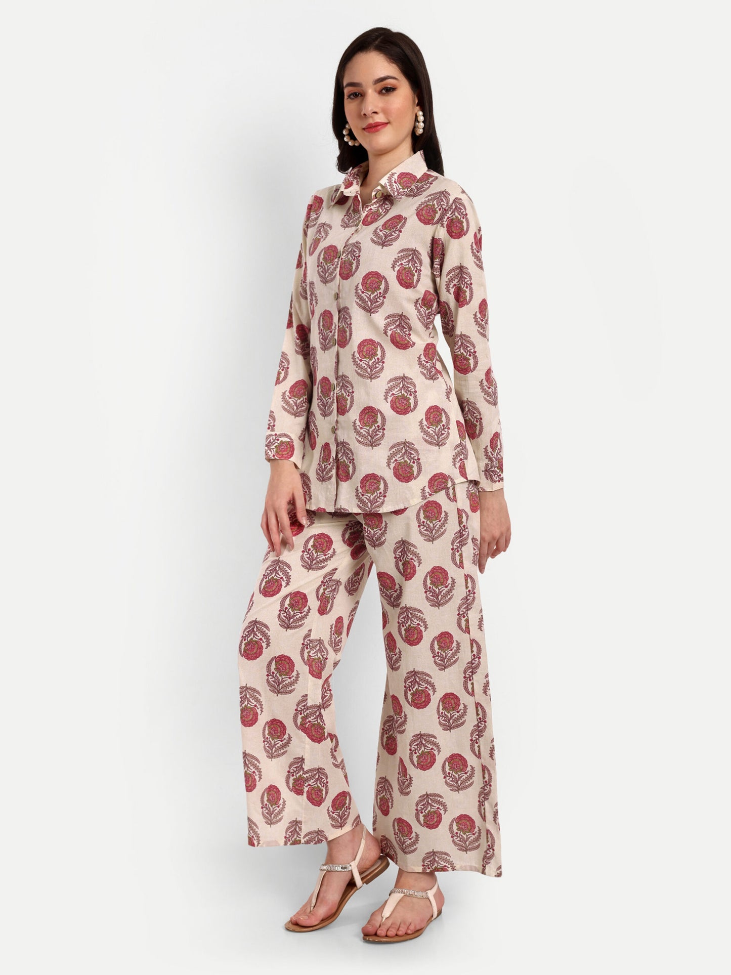 Off White Shirt Style Pure Cotton Coord Set