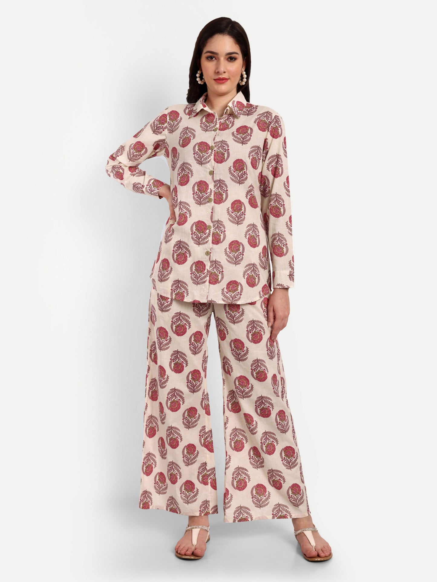 Off White Shirt Style Pure Cotton Coord Set
