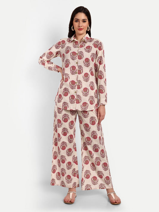 Off White Shirt Style Pure Cotton Coord Set