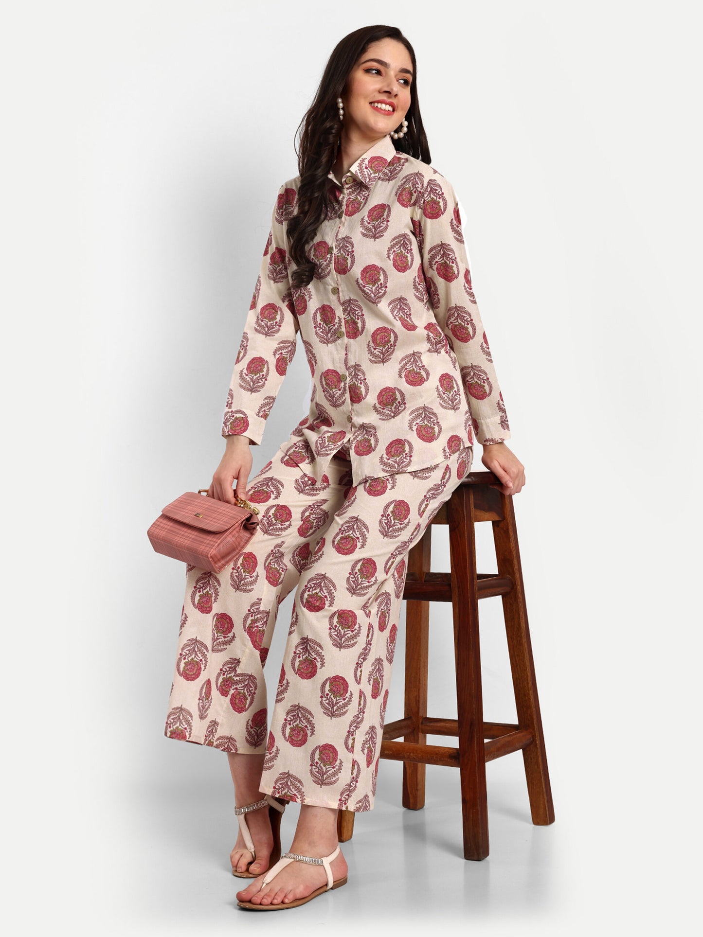 Off White Shirt Style Pure Cotton Coord Set