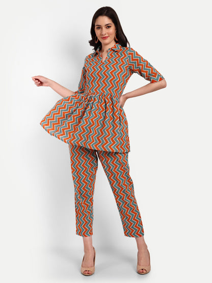 Orange-Green Peplum Top Pure Cotton Coord Set