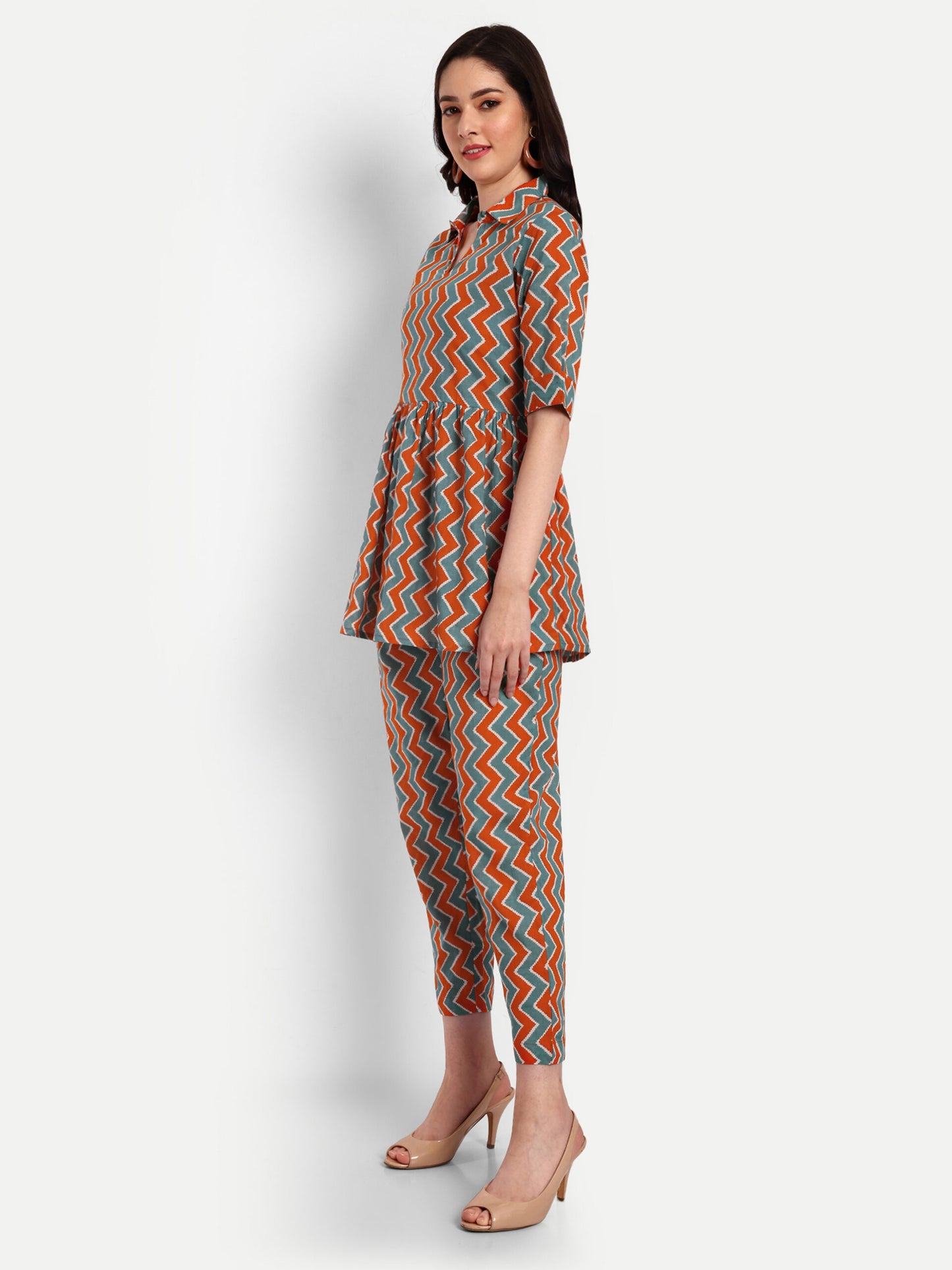 Orange-Green Peplum Top Pure Cotton Coord Set