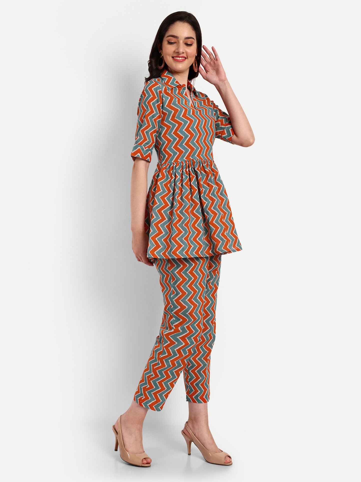 Orange-Green Peplum Top Pure Cotton Coord Set