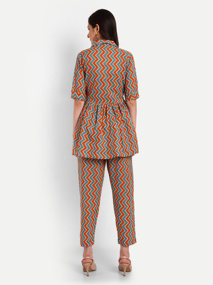 Orange-Green Peplum Top Pure Cotton Coord Set