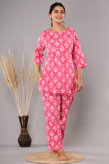 Pink Buta Pure Cotton Printed Night Suit