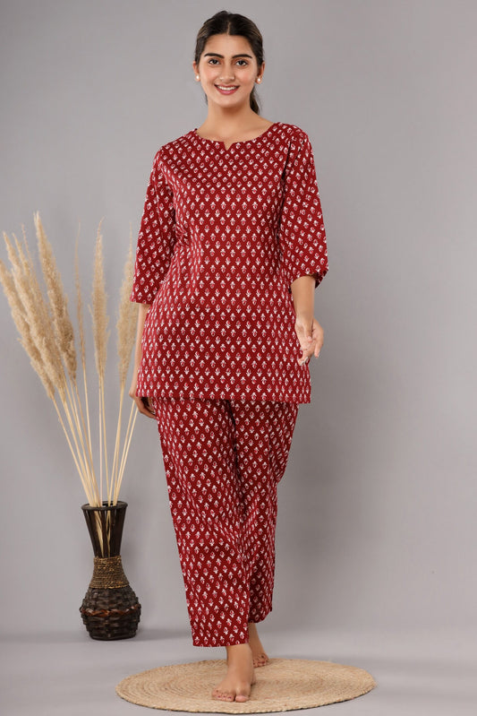 Red Buta Pure Cotton Printed Night Suit