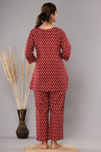 Red Buta Pure Cotton Printed Night Suit