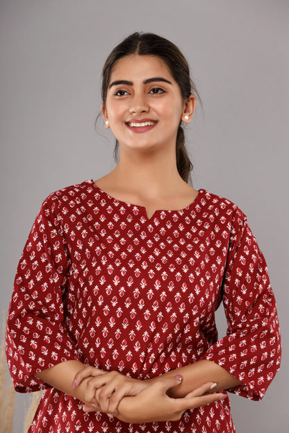 Red Buta Pure Cotton Printed Night Suit