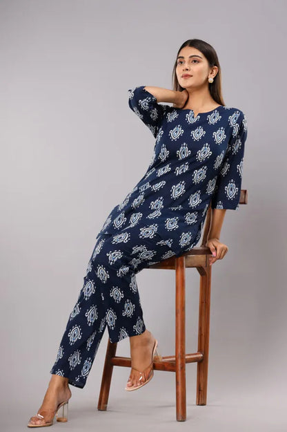 Dark Blue Buta Pure Cotton Printed Night Suit