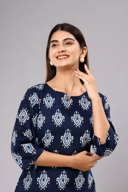 Dark Blue Buta Pure Cotton Printed Night Suit
