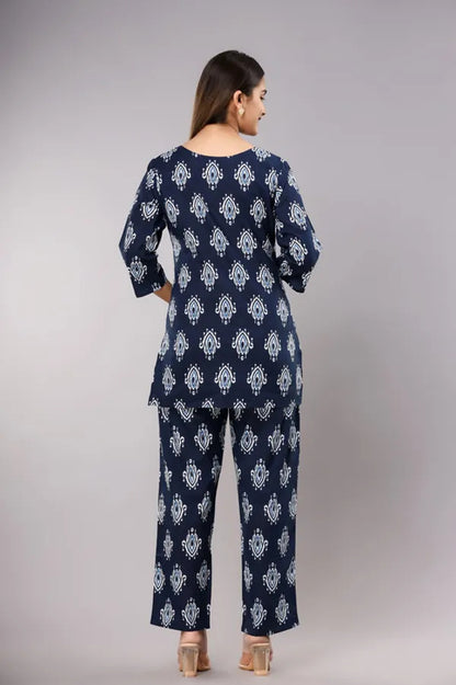 Dark Blue Buta Pure Cotton Printed Night Suit