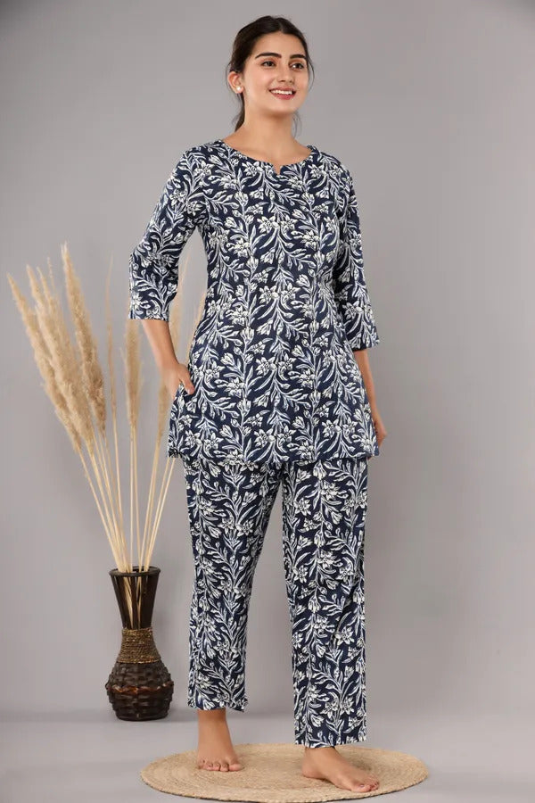 Dark Blue Pure Cotton Printed Night Suit
