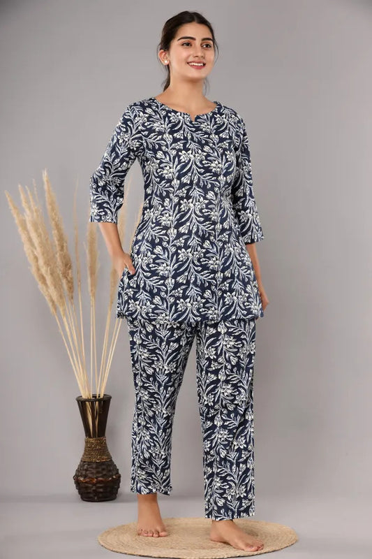 Dark Blue Pure Cotton Printed Night Suit
