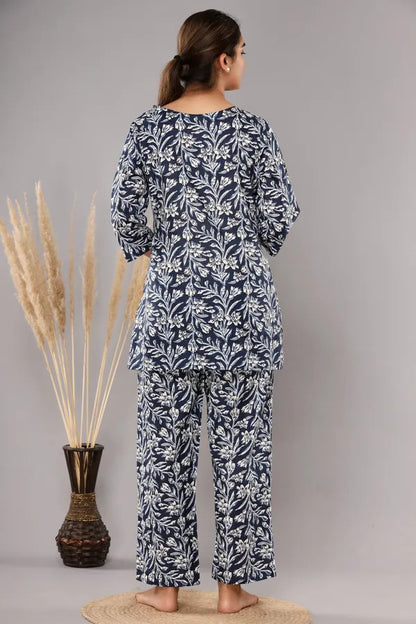 Dark Blue Pure Cotton Printed Night Suit