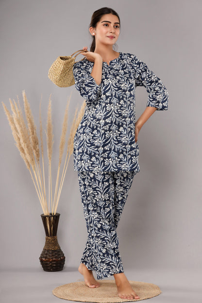 Dark Blue Pure Cotton Printed Night Suit