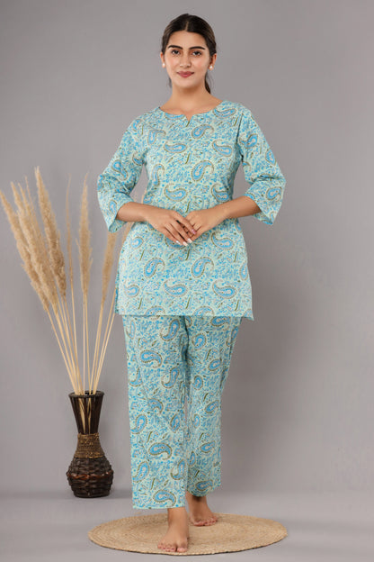 Sky Blue Pure Cotton Printed Night Suit