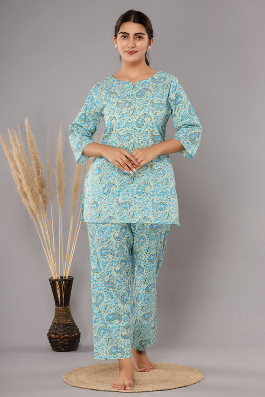 Sky Blue Pure Cotton Printed Night Suit
