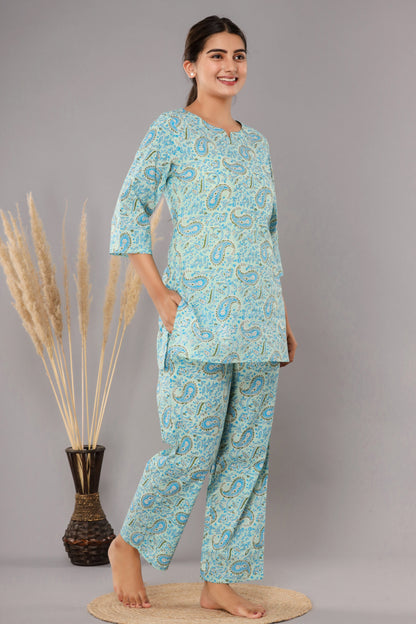 Sky Blue Pure Cotton Printed Night Suit