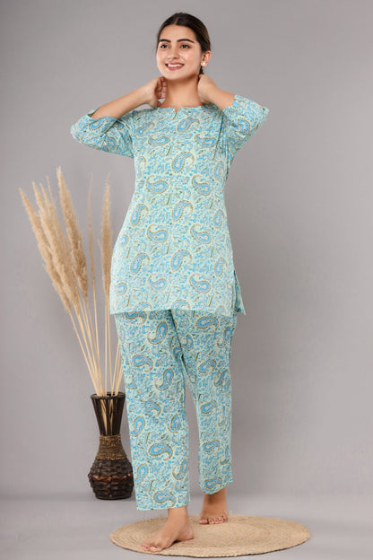Sky Blue Pure Cotton Printed Night Suit
