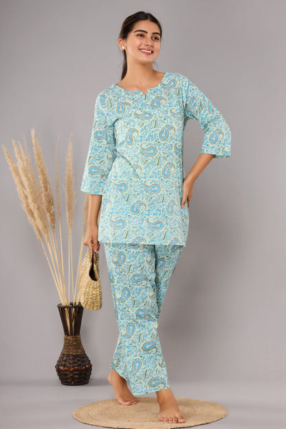 Sky Blue Pure Cotton Printed Night Suit