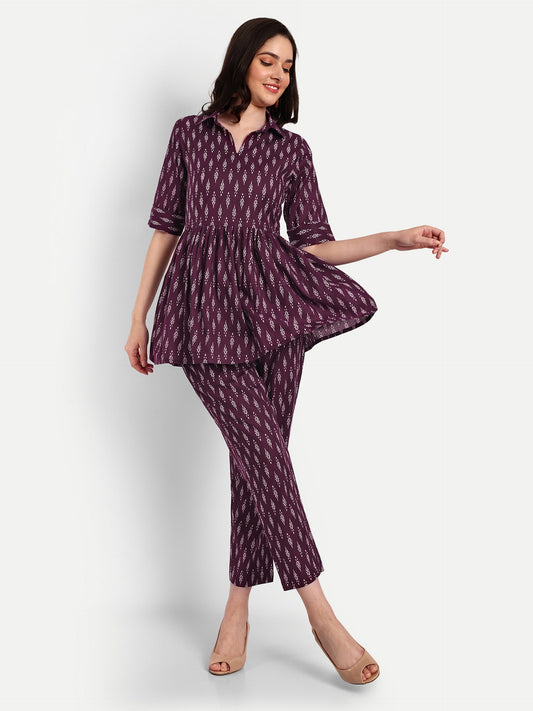 Wine Peplum Top Pure Cotton Coord Set