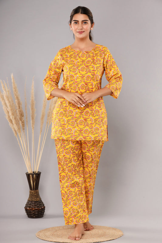 Yellow Pure Cotton Printed Night Suit