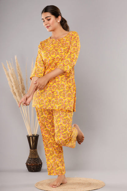 Yellow Pure Cotton Printed Night Suit