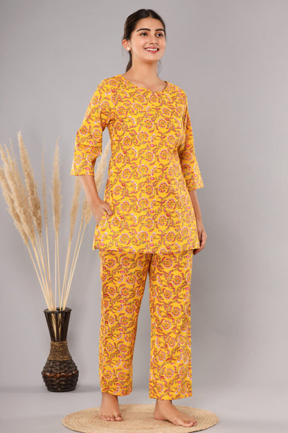 Yellow Pure Cotton Printed Night Suit