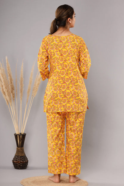 Yellow Pure Cotton Printed Night Suit