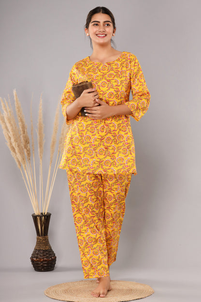 Yellow Pure Cotton Printed Night Suit