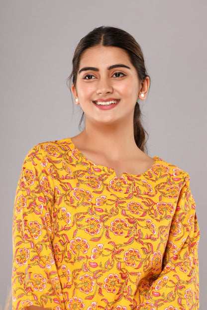 Yellow Pure Cotton Printed Night Suit