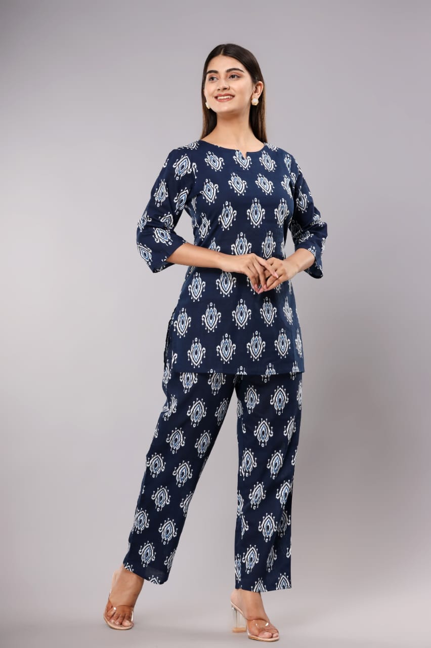 Dark Blue Buta Pure Cotton Printed Night Suit