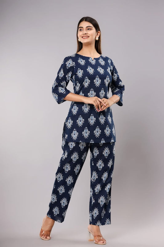 Dark Blue Buta Pure Cotton Printed Night Suit